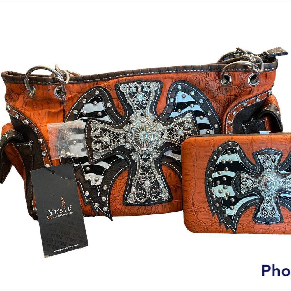NWT Leather Burnt Orange Cross/Wing Concealed Handgun Purse/Wallet Set B…